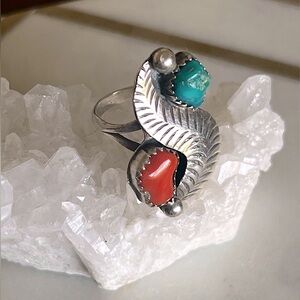 Vintage Sterling Silver Turquoise & Coral Feather Ring - size 5